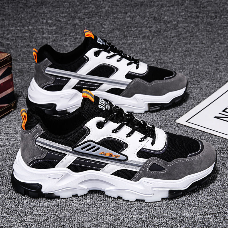 Men's Lightweight Breathable Black and White Lace-Up Mesh Sneakers for Outdoor Running and Sports