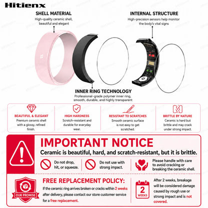 Hitienx Women's Pink Ceramic Smart Ring - Fitness & Sleep Tracker with Heart Rate Monitor, Stress Management, Cycle Tracking, IP68 Waterproof, 3-5 Day Battery Life, Compatible with iOS & Android, Includes Charging Case
