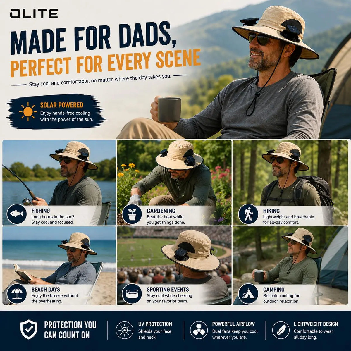 Solar-Powered Outdoor Cooling Hat with Integrated Fan — Water-Resistant Sun Protection Bucket Hat for Sporting Events | Dual-Power Rechargeable | Lightweight Unisex Design