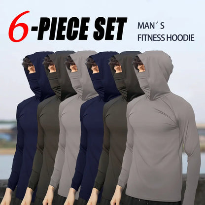 Men's 6-Piece Casual Hoodie Set - Slim Fit, Lightweight Long Sleeve Pullovers with UPF Sun Protection - Soft, Breathable, and Versatile Stylish Tops for Multiple Occasions - Machine Washable