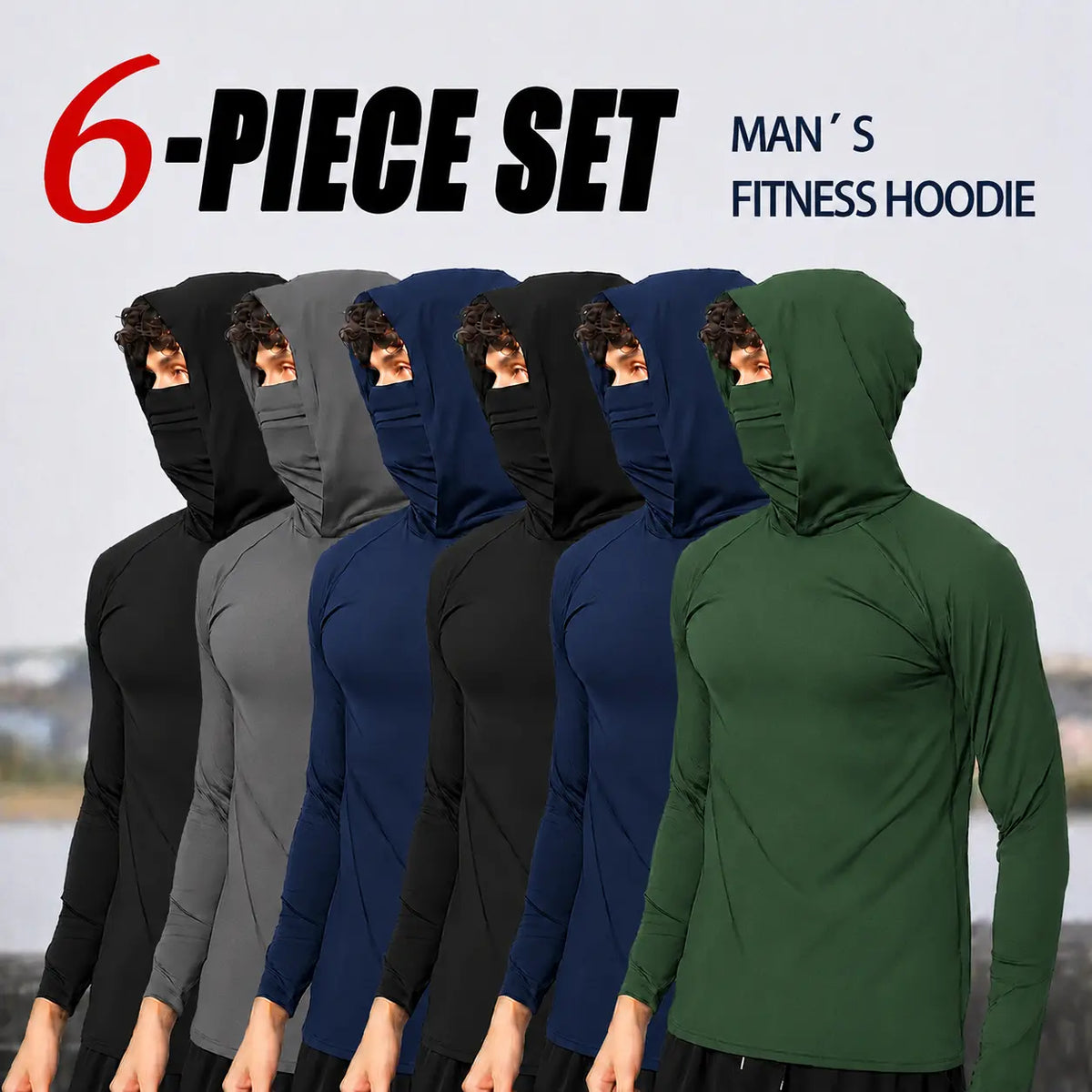 Men's 6-Piece Casual Hoodie Set - Slim Fit, Lightweight Long Sleeve Pullovers with UPF Sun Protection - Soft, Breathable, and Versatile Stylish Tops for Multiple Occasions - Machine Washable