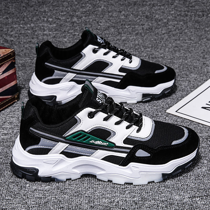 Men's Lightweight Breathable Black and White Lace-Up Mesh Sneakers for Outdoor Running and Sports