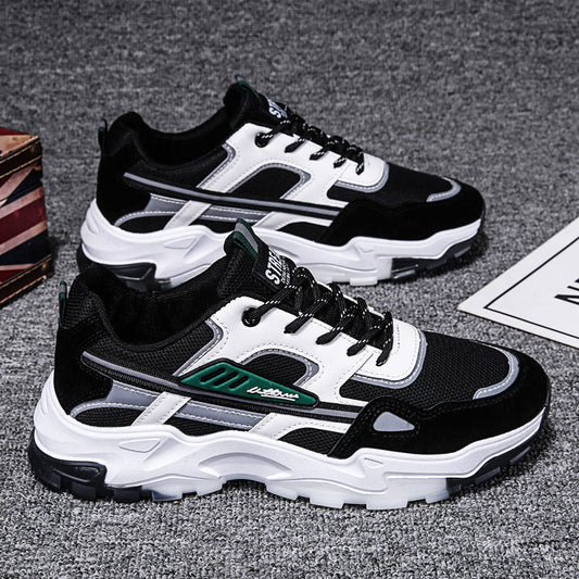 Men's Lightweight Breathable Black and White Lace-Up Mesh Sneakers for Outdoor Running and Sports