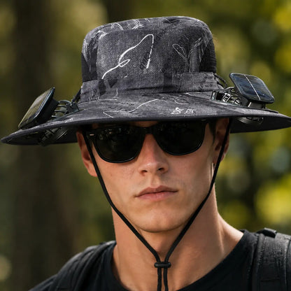 Solar-Powered Outdoor Cooling Hat with Integrated Fan — Water-Resistant Sun Protection Bucket Hat for Sporting Events | Dual-Power Rechargeable | Lightweight Unisex Design