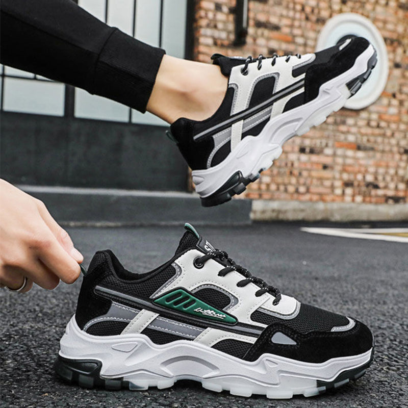 Men's Lightweight Breathable Black and White Lace-Up Mesh Sneakers for Outdoor Running and Sports