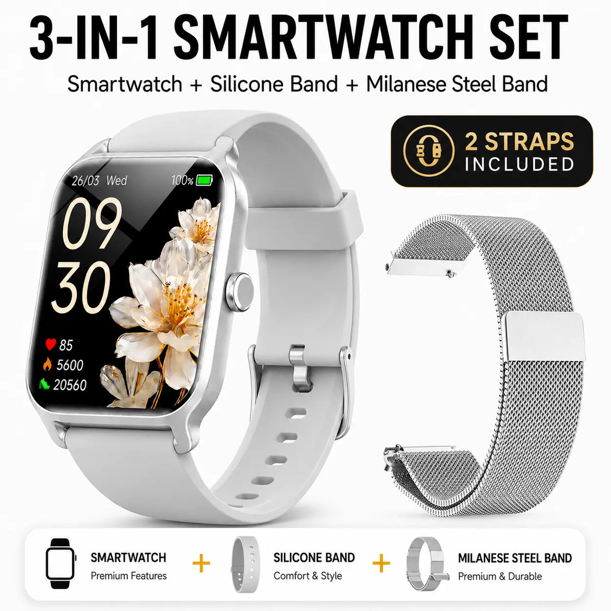 Premium Touch Screen Smart Watch for Men and Women with Message Notifications, Step Tracking, Alarm, Timer, Music Control, Comfortable Strap, Compatible with iOS and Android Smartphones - Ideal Back to School Gift