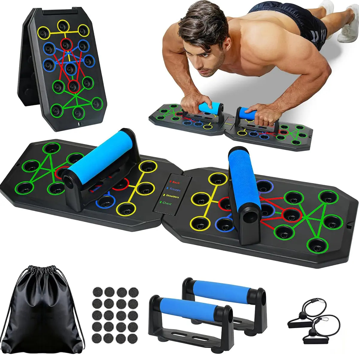 28-Hole Enhanced Push-Up Board Fitness Kit - Versatile Foldable Home Workout Equipment with Push-Up Bars and Resistance Bands for Comprehensive Upper Body Training, Ideal for Home, Gym, and Travel