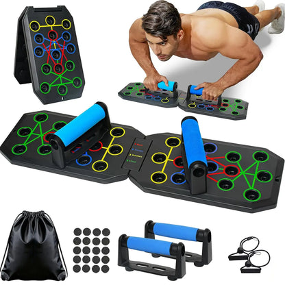 28-Hole Enhanced Push-Up Board Fitness Kit - Versatile Foldable Home Workout Equipment with Push-Up Bars and Resistance Bands for Comprehensive Upper Body Training, Ideal for Home, Gym, and Travel