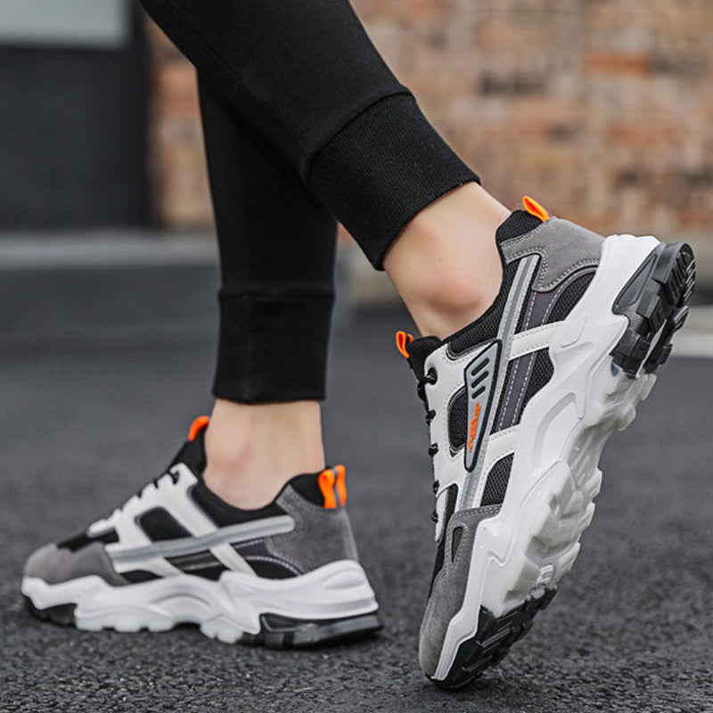 Men's Lightweight Breathable Black and White Lace-Up Mesh Sneakers for Outdoor Running and Sports