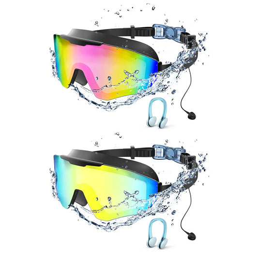 Outly Dual Swim Goggles Set with Adjustable Ear Plugs, Wide Silicone Frame for Adults and Children Ages 4-12, Anti-Fog UV Protection, 180° Leak-Proof Visibility for Pool Use