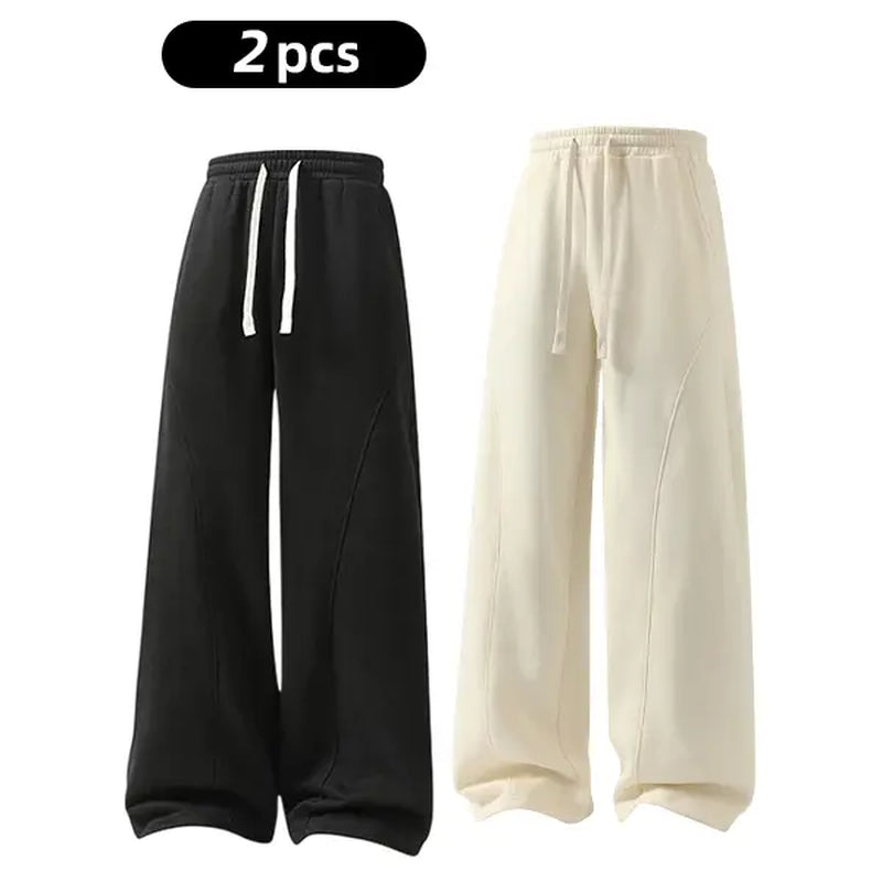 Men's Solid-Color Drawstring Pants with Curved Blade Design - Comfortable and Versatile Trousers for All Seasons and Everyday Layering in Beige.
