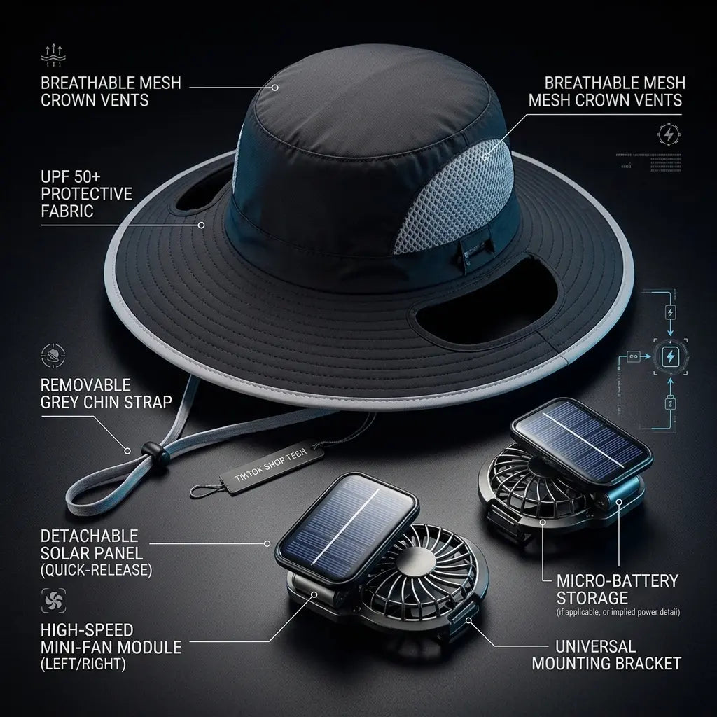 Solar-Powered Outdoor Cooling Hat with Integrated Fan — Water-Resistant Sun Protection Bucket Hat for Sporting Events | Dual-Power Rechargeable | Lightweight Unisex Design