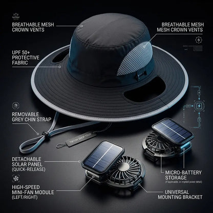 Solar-Powered Outdoor Cooling Hat with Integrated Fan — Water-Resistant Sun Protection Bucket Hat for Sporting Events | Dual-Power Rechargeable | Lightweight Unisex Design