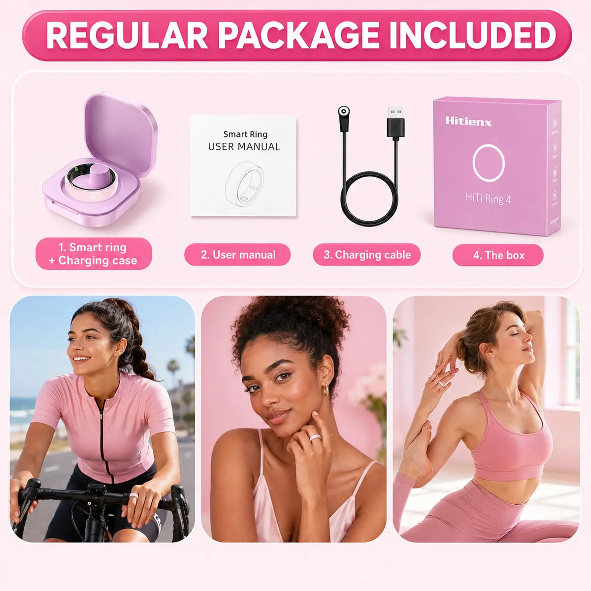 Hitienx Women's Pink Ceramic Smart Ring - Fitness & Sleep Tracker with Heart Rate Monitor, Stress Management, Cycle Tracking, IP68 Waterproof, 3-5 Day Battery Life, Compatible with iOS & Android, Includes Charging Case