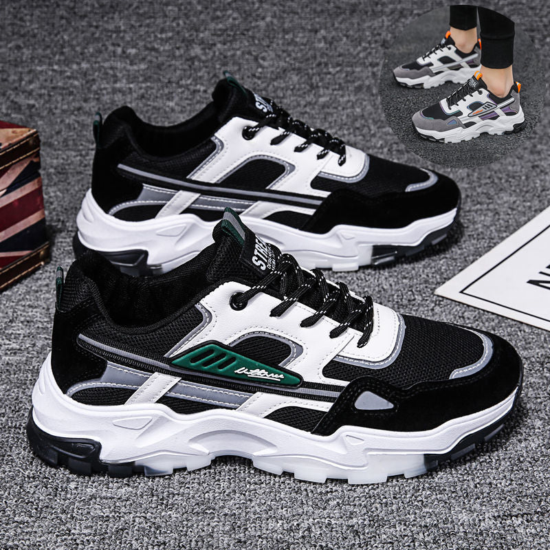 Men's Lightweight Breathable Black and White Lace-Up Mesh Sneakers for Outdoor Running and Sports