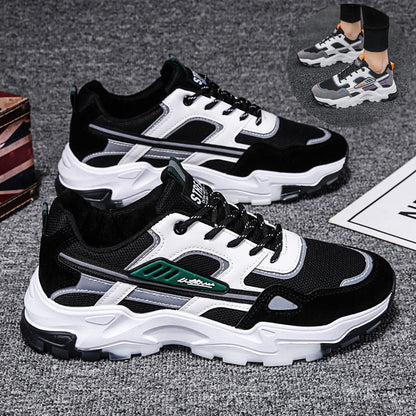 Men's Lightweight Breathable Black and White Lace-Up Mesh Sneakers for Outdoor Running and Sports