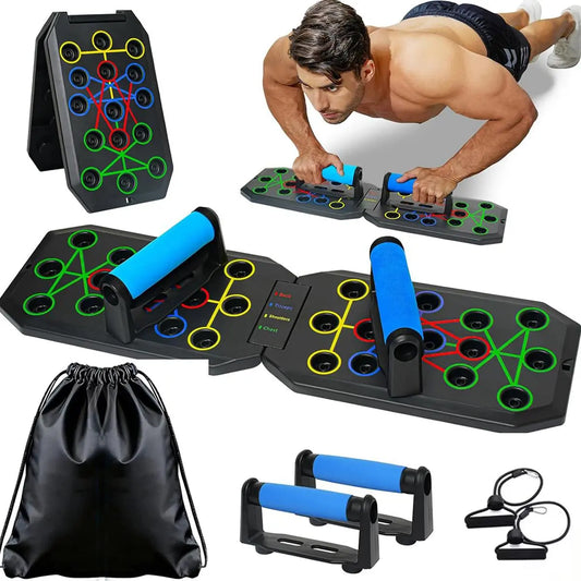28-Hole Enhanced Push-Up Board Fitness Kit - Versatile Foldable Home Workout Equipment with Push-Up Bars and Resistance Bands for Comprehensive Upper Body Training, Ideal for Home, Gym, and Travel