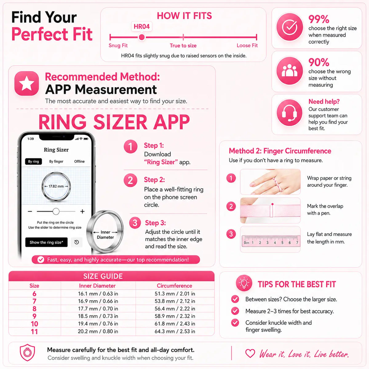 Hitienx Women's Pink Ceramic Smart Ring - Fitness & Sleep Tracker with Heart Rate Monitor, Stress Management, Cycle Tracking, IP68 Waterproof, 3-5 Day Battery Life, Compatible with iOS & Android, Includes Charging Case