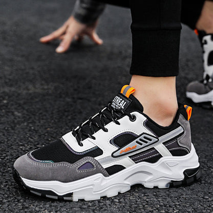 Men's Lightweight Breathable Black and White Lace-Up Mesh Sneakers for Outdoor Running and Sports