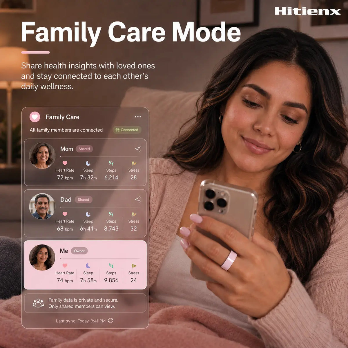 Hitienx Women's Pink Ceramic Smart Ring - Fitness & Sleep Tracker with Heart Rate Monitor, Stress Management, Cycle Tracking, IP68 Waterproof, 3-5 Day Battery Life, Compatible with iOS & Android, Includes Charging Case
