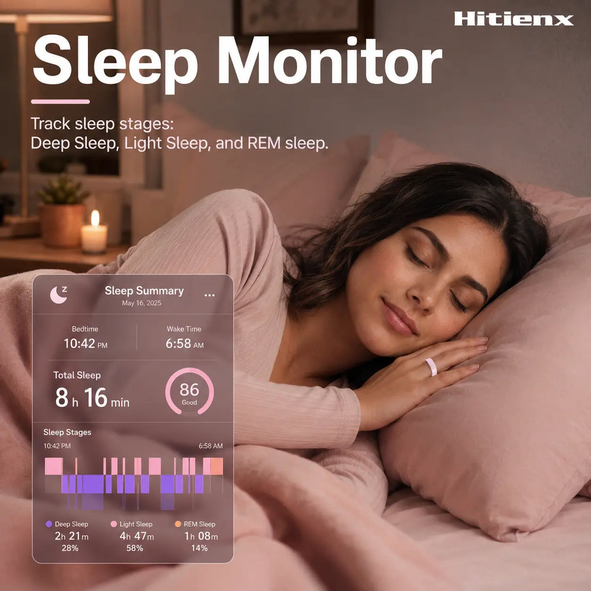 Hitienx Women's Pink Ceramic Smart Ring - Fitness & Sleep Tracker with Heart Rate Monitor, Stress Management, Cycle Tracking, IP68 Waterproof, 3-5 Day Battery Life, Compatible with iOS & Android, Includes Charging Case