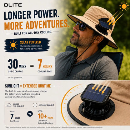 Solar-Powered Outdoor Cooling Hat with Integrated Fan — Water-Resistant Sun Protection Bucket Hat for Sporting Events | Dual-Power Rechargeable | Lightweight Unisex Design