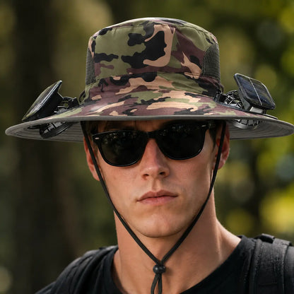 Solar-Powered Outdoor Cooling Hat with Integrated Fan — Water-Resistant Sun Protection Bucket Hat for Sporting Events | Dual-Power Rechargeable | Lightweight Unisex Design