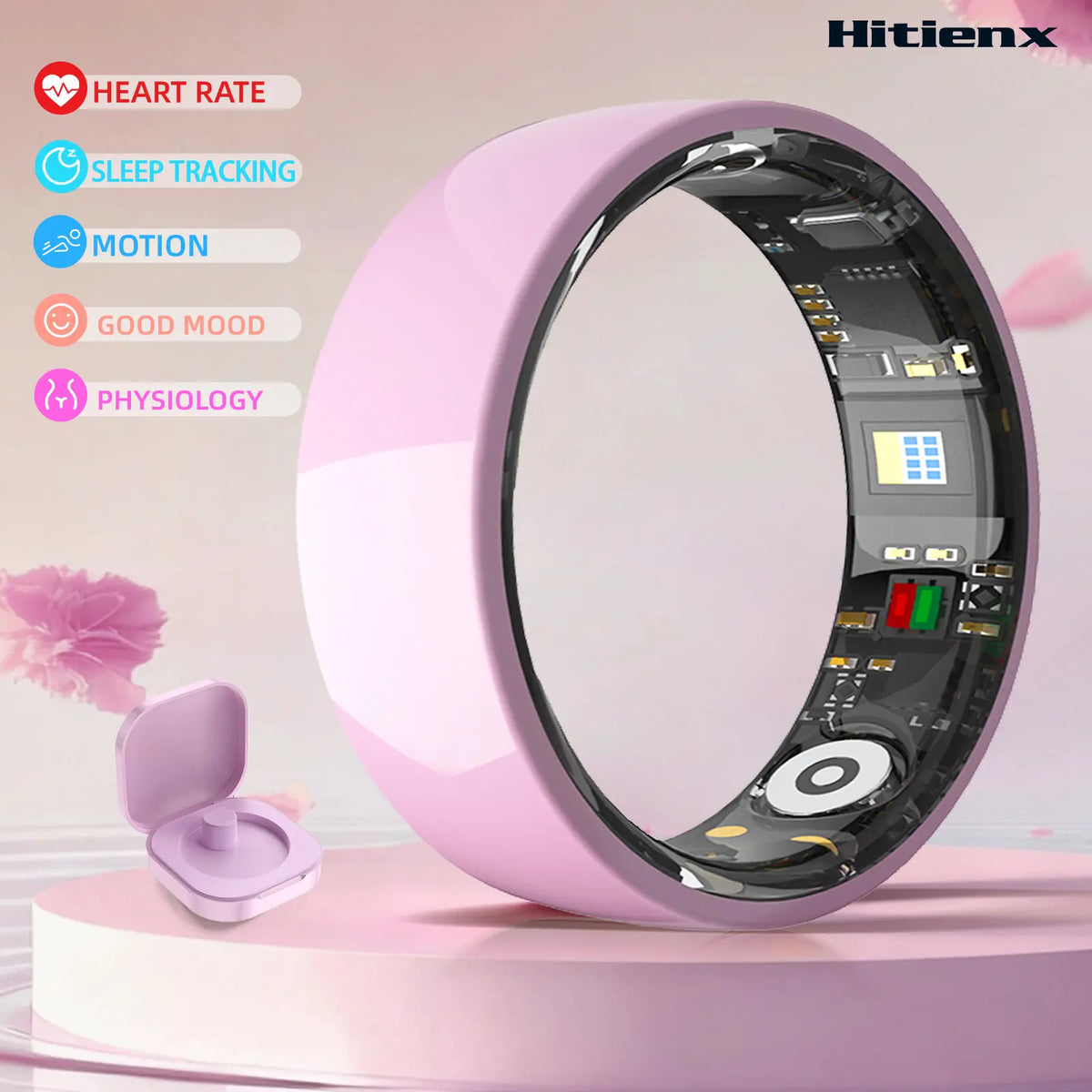 Hitienx Women's Pink Ceramic Smart Ring - Fitness & Sleep Tracker with Heart Rate Monitor, Stress Management, Cycle Tracking, IP68 Waterproof, 3-5 Day Battery Life, Compatible with iOS & Android, Includes Charging Case