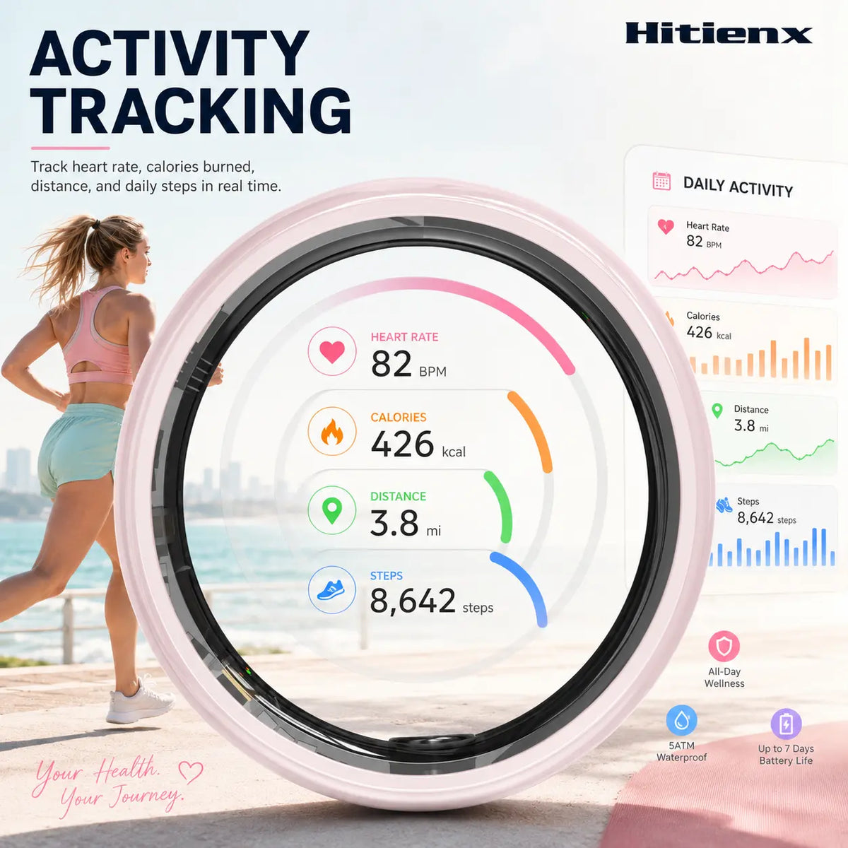 Hitienx Women's Pink Ceramic Smart Ring - Fitness & Sleep Tracker with Heart Rate Monitor, Stress Management, Cycle Tracking, IP68 Waterproof, 3-5 Day Battery Life, Compatible with iOS & Android, Includes Charging Case