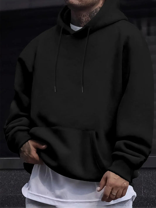Men's Solid Pocket Drawstring French Hoodie - Regular Fit Casual Long Sleeve Sweatshirt for Fall and Winter Daily Wear