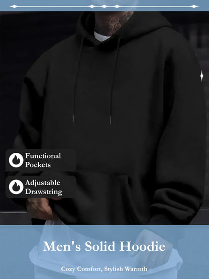 Men's Solid Pocket Drawstring French Hoodie - Regular Fit Casual Long Sleeve Sweatshirt for Fall and Winter Daily Wear