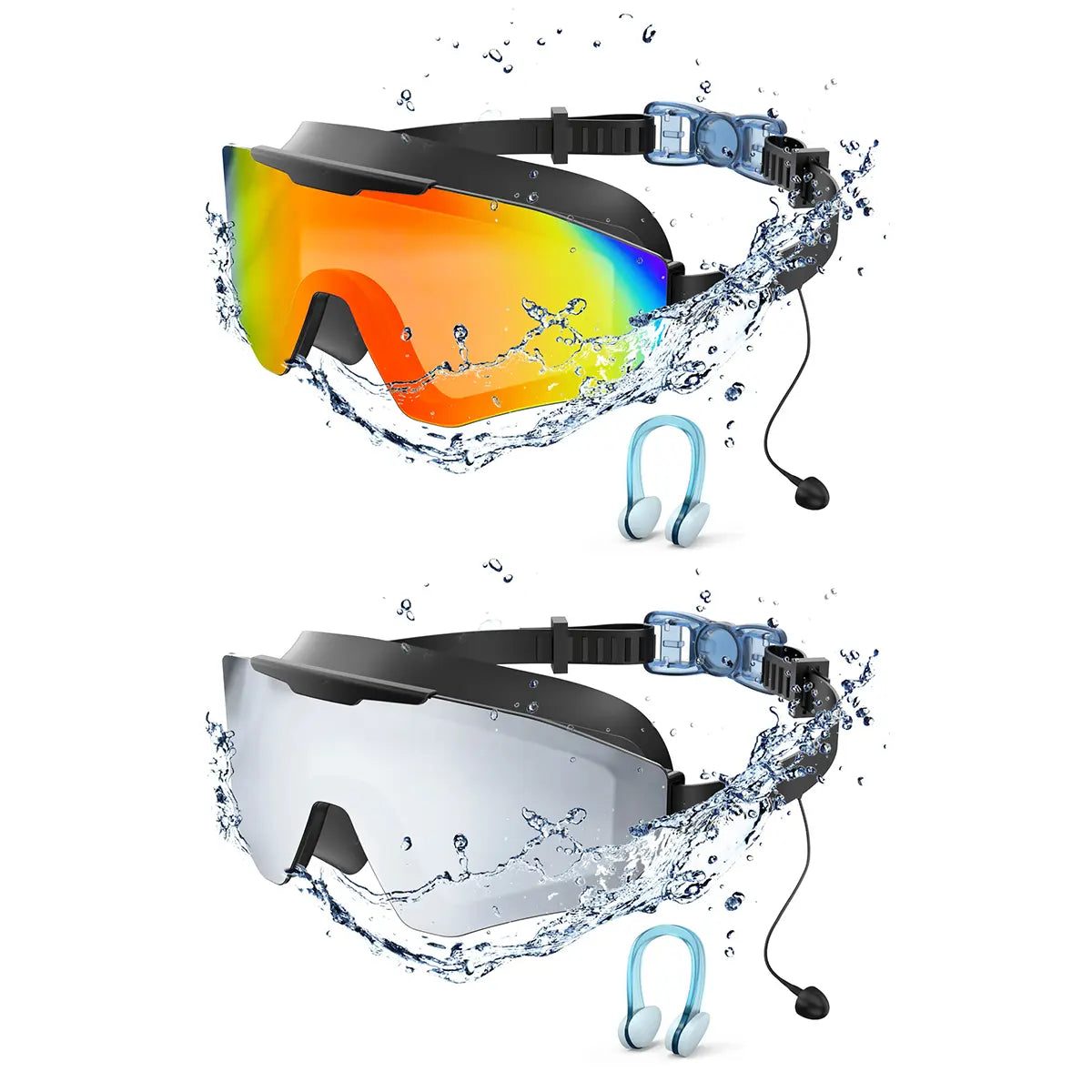 Outly Dual Swim Goggles Set with Adjustable Ear Plugs, Wide Silicone Frame for Adults and Children Ages 4-12, Anti-Fog UV Protection, 180° Leak-Proof Visibility for Pool Use