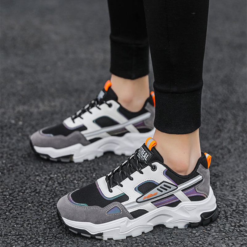 Men's Lightweight Breathable Black and White Lace-Up Mesh Sneakers for Outdoor Running and Sports